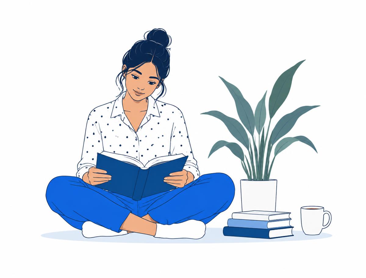 A student reading a book beside a plant and a stack of textbooks